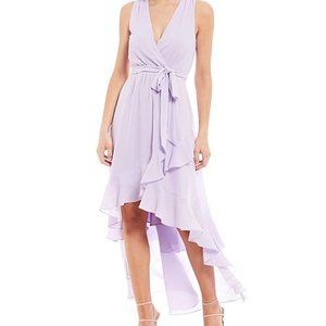 Belle Badgley Mischka Nyla V-Neck Ruffle Tie Waist Hi-Low Georgette Dress size M